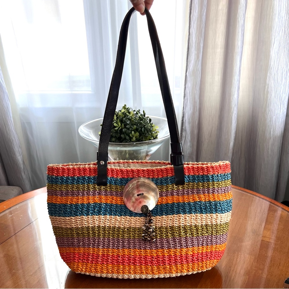 Emma Rose Jute Multi-Colored Shoulder Bag with Leather Straps Good Condition